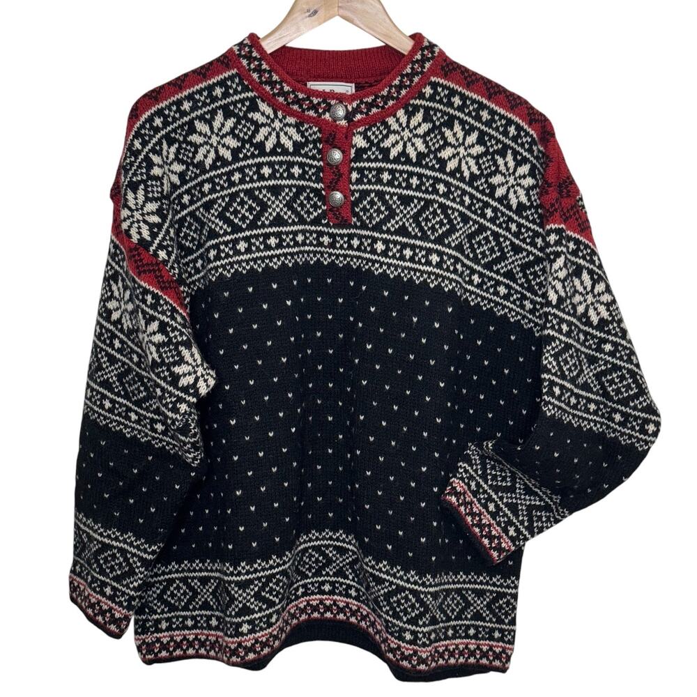 L.L. Bean Made in USA XL Wool Norwegian Snowflake Fair Isle Henley Sweater Vtg